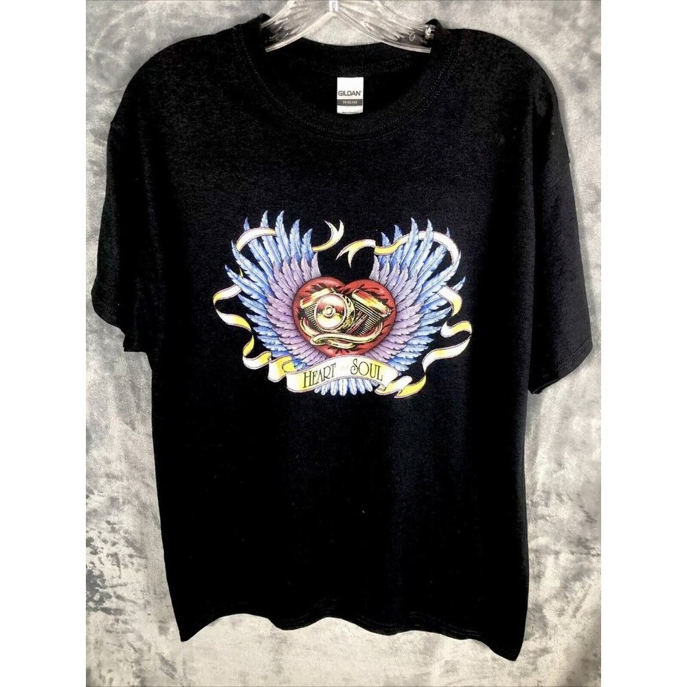 Women’s T-Shirt Heart And Soul Black Biker Shirt Dry Blend Size Large